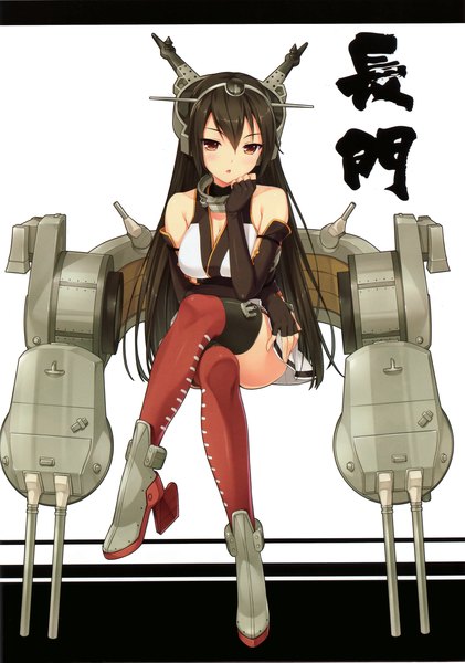 Anime picture 2844x4056 with kantai collection nagato battleship sayori long hair tall image highres breasts light erotic black hair sitting brown eyes crossed legs girl thighhighs gloves elbow gloves headdress machinery turret