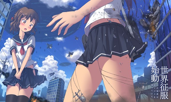 Anime picture 1600x957 with original aki (akisora hiyori) blush short hair open mouth light erotic brown hair wide image multiple girls brown eyes sky cloud (clouds) from below pantyshot text city walking destruction giant girl