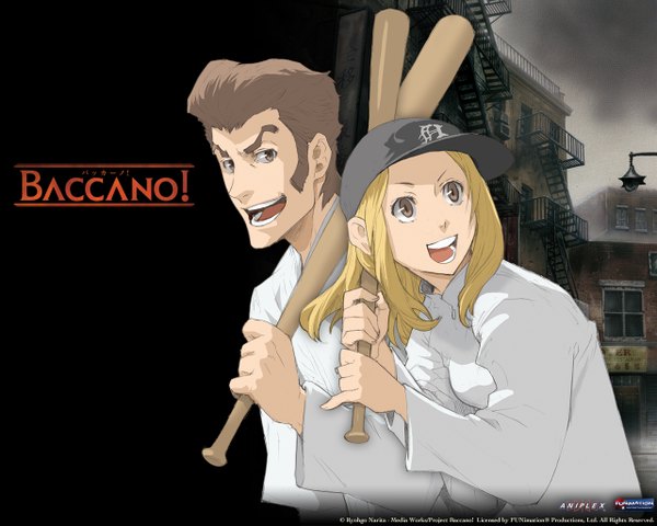 Anime picture 1280x1024 with baccano! miria harvent isaac dian open mouth blonde hair smile brown hair brown eyes city laughing sidewhiskers baseball cap baseball bat