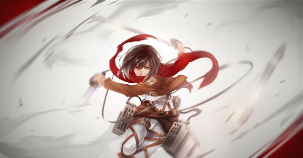 Anime picture 2000x1046 with shingeki no kyojin production i.g mikasa ackerman tpip (aixuan) single looking at viewer highres short hair black hair wide image holding brown eyes dual wielding girl weapon sword boots belt scarf thigh strap