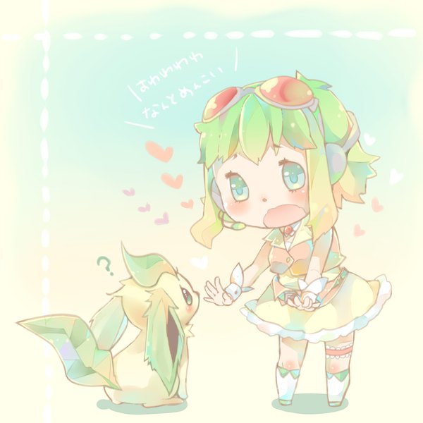 Anime picture 2000x2000 with pokemon vocaloid nintendo gumi leafeon nou blush highres short hair open mouth simple background green eyes green hair text chibi gen 4 pokemon question girl animal heart