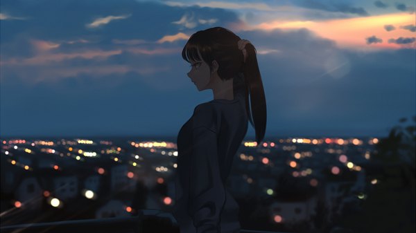 Anime picture 1920x1080 with original litra (ltr0312) single highres black hair wide image standing looking away sky cloud (clouds) outdoors ponytail profile black eyes city adjusting hair evening cityscape dark hair twilight