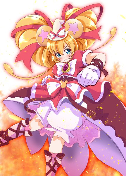 Anime picture 700x975 with precure mahou girls precure! toei animation mofurun (mahou girls precure!) cure mofurun mitumi mira teliga single long hair tall image looking at viewer blush fringe simple background blonde hair standing white background payot aqua eyes puffy sleeves