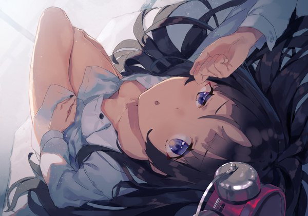 Anime picture 1200x842 with original yasumo (kuusouorbital) single long hair looking at viewer breasts light erotic black hair purple eyes lying on back hand on head naked shirt girl shirt clock alarm clock