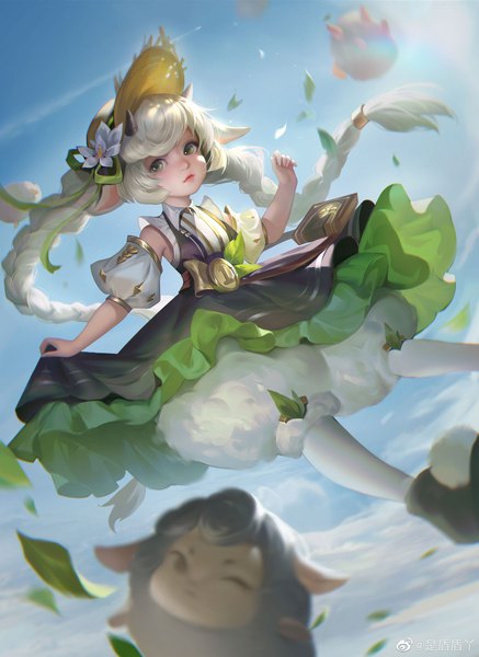 Anime picture 3200x4398 with original shi dun dun ya single long hair tall image looking at viewer fringe highres green eyes signed animal ears payot absurdres sky cloud (clouds) outdoors white hair braid (braids) hair flower horn (horns)