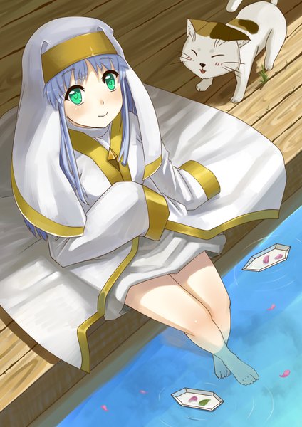 Anime picture 2480x3507 with to aru majutsu no index j.c. staff index sphinx (index) tagme (artist) long hair tall image highres sitting green eyes blue hair loli girl animal petals water cat robe