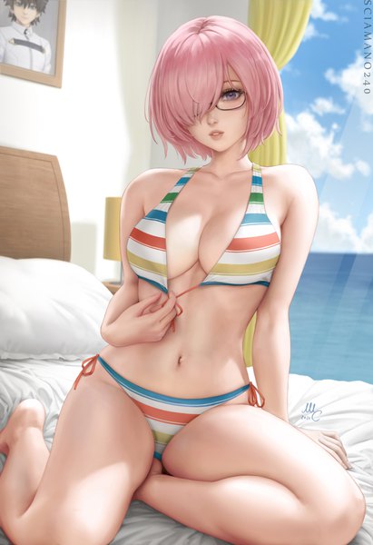 Anime picture 2053x3000 with fate (series) fate/grand order mash kyrielight fujimaru ritsuka (male) mash kyrielight (swimsuit of perpetual summer ver.02) sciamano240 single tall image looking at viewer blush fringe highres short hair breasts light erotic large breasts sitting purple eyes signed pink hair