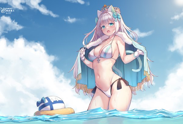 Anime picture 7770x5280 with original kuromori (1010845110) single long hair looking at viewer blush fringe highres breasts open mouth blue eyes light erotic standing signed animal ears absurdres sky cloud (clouds) outdoors white hair
