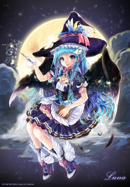 Anime picture 750x1078 with original sera (kpj11) single long hair tall image looking at viewer blue eyes blue hair cloud (clouds) braid (braids) witch girl hat wings book (books) moon feather (feathers) witch hat