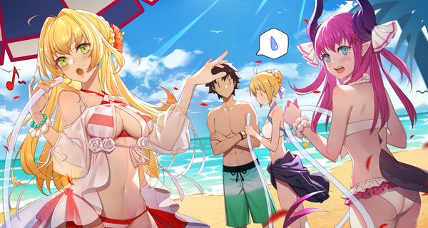 Anime picture 2253x1200 with fate (series) fate/grand order artoria pendragon (all) nero claudius (fate) (all) elizabeth bathory (fate) (all) nero claudius (swimsuit caster) (fate) fujimaru ritsuka (male) artoria pendragon (swimsuit archer) (fate) bubble1995 long hair blush fringe highres short hair breasts open mouth blue eyes light erotic blonde hair hair between eyes