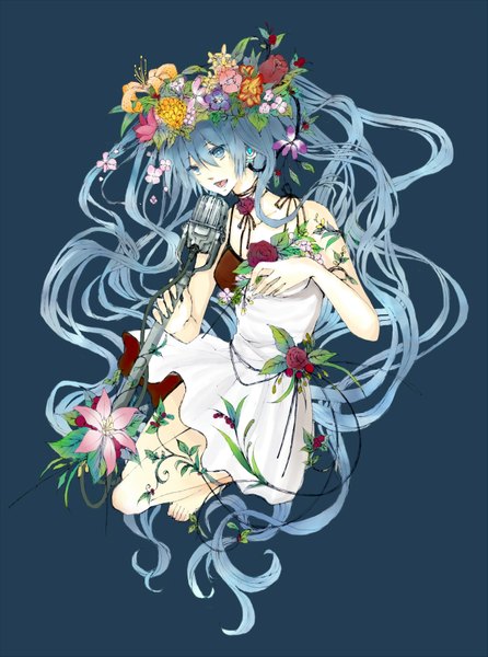 Anime picture 1247x1679 with vocaloid hatsune miku nekono mimiko (fleur-de-lis) single long hair tall image open mouth blue eyes simple background twintails bare shoulders blue hair very long hair barefoot hair flower singing girl dress hair ornament flower (flowers)