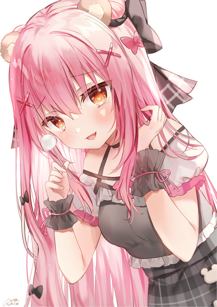 Anime picture 2508x3541 with virtual youtuber re:act himeguma ribon rukako single long hair tall image blush fringe highres open mouth simple background hair between eyes white background animal ears pink hair :d orange eyes leaning leaning forward