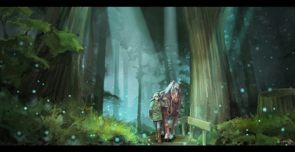 Anime picture 1000x518 with the legend of zelda link blonde hair wide image pointy ears elf boy plant (plants) tree (trees) forest fireflies horse
