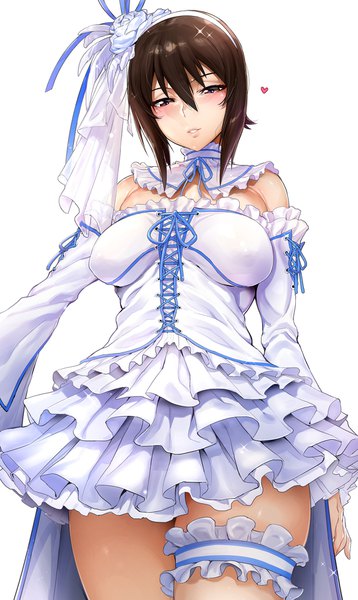 Anime picture 1083x1812 with girls und panzer nishizumi maho ikuchan kaoru single tall image looking at viewer blush fringe short hair breasts light erotic simple background hair between eyes brown hair large breasts standing white background brown eyes parted lips from below
