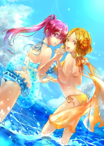 Anime picture 881x1234 with free! kyoto animation matsuoka gou amakata miho weixvi long hair tall image blush short hair open mouth light erotic blonde hair red eyes multiple girls yellow eyes ponytail red hair hair flower girl hair ornament