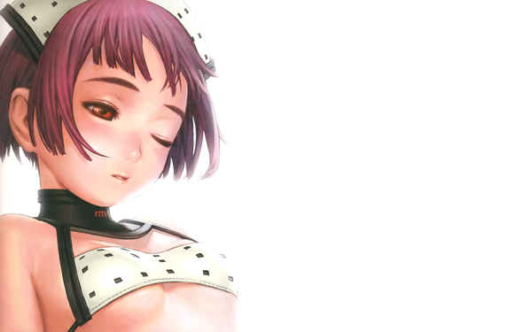 Anime picture 1920x1200 with futuregraph range murata single highres short hair breasts open mouth light erotic red eyes wide image white background pink hair upper body parted lips one eye closed underboob flat chest third-party edit bob cut leather