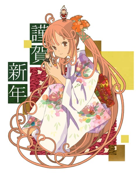 Anime picture 1063x1358 with jinrui wa suitai shimashita watashi (jintai) fairy (jintai) 24a tall image looking at viewer blush fringe smile white background twintails brown eyes pink hair ahoge very long hair traditional clothes japanese clothes hair flower fantasy fairy