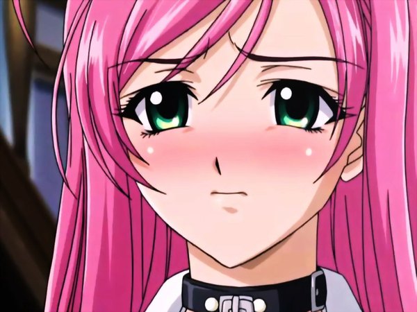 Anime picture 1024x768 with rosario+vampire akashiya moka long hair blush green eyes pink hair collar