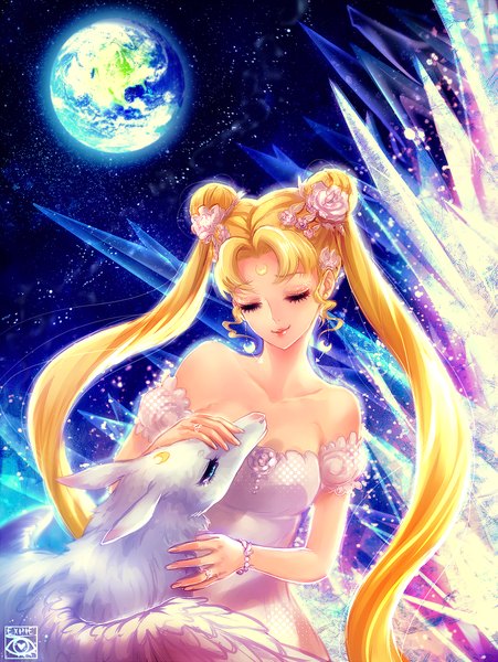 Anime picture 1053x1400 with bishoujo senshi sailor moon toei animation princess serenity e-x-p-i-e single long hair tall image blonde hair twintails bare shoulders eyes closed hair flower girl dress hair ornament animal crystal earth