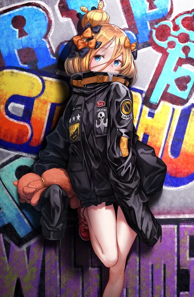 Anime picture 1306x2000 with fate (series) fate/grand order abigail williams (fate) fusante single long hair tall image blush fringe blue eyes blonde hair hair between eyes standing holding looking away hair bun (hair buns) standing on one leg covered mouth against wall hands in sleeves