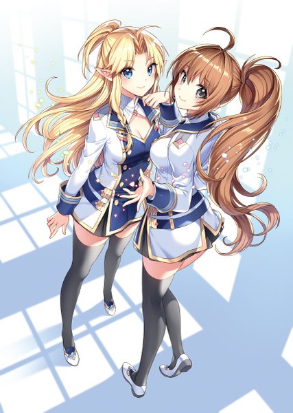 Anime picture 855x1200 with isekai cheat magician miyura (isekai cheat magician) azuma rin (isekai cheat magician) nardack long hair tall image blue eyes blonde hair smile brown hair multiple girls cleavage full body ahoge ponytail indoors from above pointy ears black eyes official art