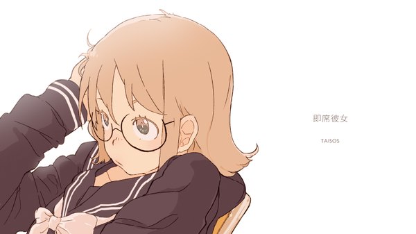 Anime picture 3404x1913 with original taisos single highres short hair blonde hair simple background wide image white background sitting brown eyes signed girl uniform glasses serafuku