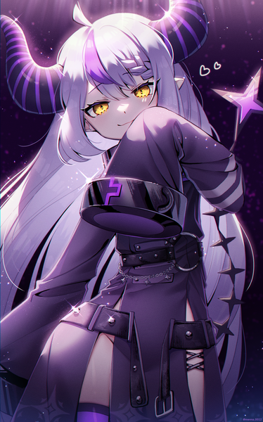 Anime picture 1500x2404 with virtual youtuber hololive la+ darknesss la+ darknesss (1st costume) menna (0012) single long hair tall image looking at viewer fringe light erotic smile hair between eyes standing yellow eyes silver hair ahoge braid (braids) long sleeves head tilt