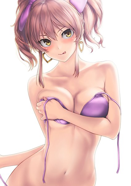 Anime picture 726x1024 with idolmaster idolmaster cinderella girls jougasaki mika tanaka shoutarou single tall image looking at viewer blush fringe short hair breasts light erotic simple background hair between eyes standing white background twintails bare shoulders yellow eyes payot