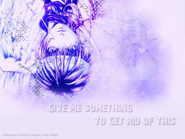 Anime picture 1024x768 with angel sanctuary mudou setsuna yuki kaori single short hair signed upper body inscription wallpaper monochrome third-party edit purple background boy hairband goggles