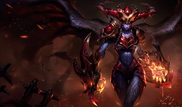 Anime picture 1215x717 with league of legends shyvana (league of legends) single long hair looking at viewer wide image purple hair official art orange eyes girl wings armor helmet flame