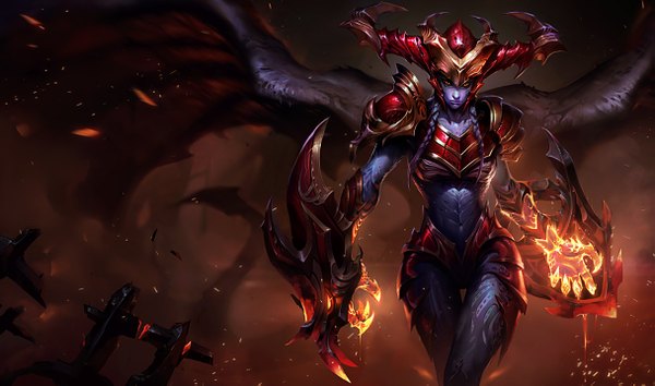 Anime-Bild 1215x717 mit league of legends shyvana (league of legends) single long hair looking at viewer wide image purple hair official art orange eyes girl wings armor helmet flame