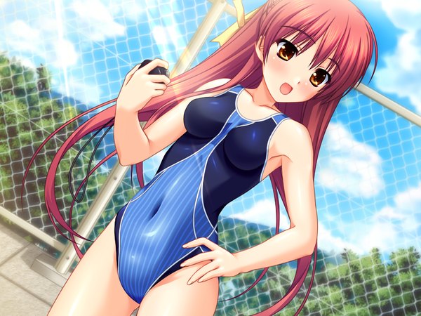 Anime picture 1200x900 with splash! (game) light erotic yellow eyes game cg red hair girl swimsuit one-piece swimsuit school swimsuit