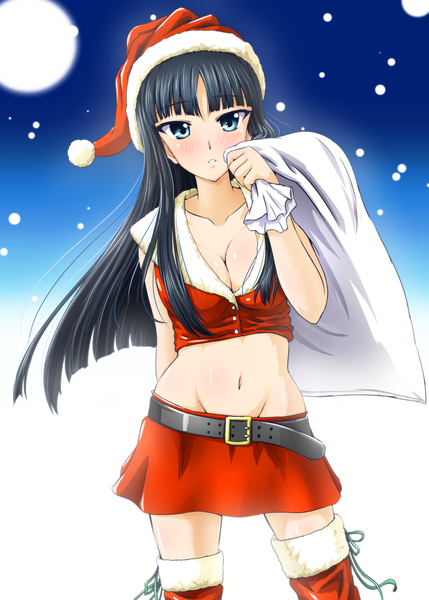 イラスト 755x1056 と ホワイトアルバム2 冬馬 かずさ でーぜる 長髪 長身像 赤面 青い目 light erotic 黒髪 cleavage へそ出し 鼠蹊部 snowing クリスマス 女の子 スカート へそ ベルト サンタクロースハット サンタクロース衣装