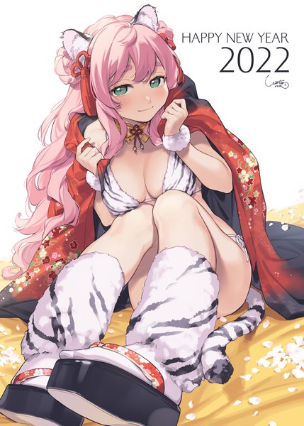 Anime picture 1429x2000 with original meo (artist) single long hair tall image looking at viewer blush fringe light erotic hair between eyes white background sitting green eyes animal ears pink hair full body tail animal tail light smile floral print