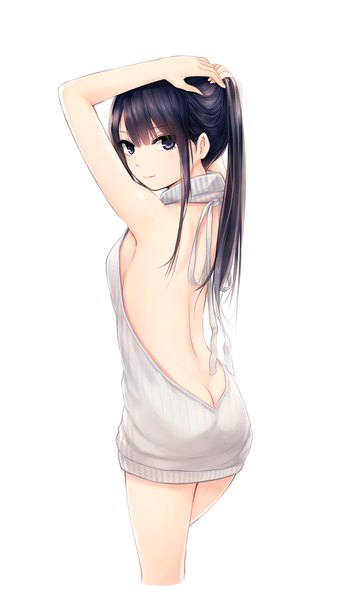 Anime picture 900x1600 with original shiramine rika coffee-kizoku single long hair tall image looking at viewer fringe blue eyes light erotic black hair simple background white background payot purple hair ponytail looking back light smile from behind no bra