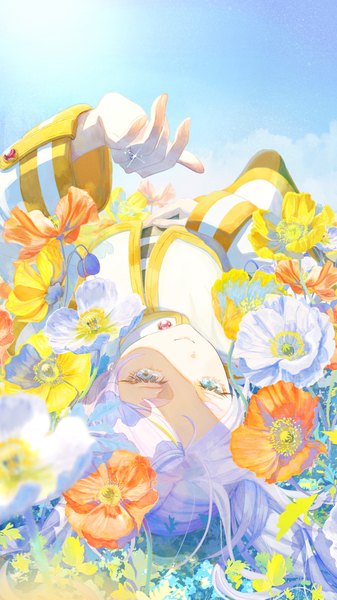 Anime picture 2700x4800 with sousou no frieren frieren nakauma single long hair tall image highres smile sky silver hair lying arm up aqua eyes on back shaded face girl flower (flowers) ring poppy