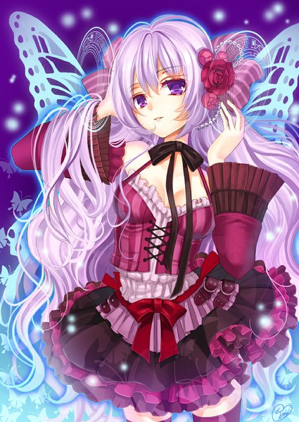 Anime picture 724x1023 with original okuma mai single long hair tall image looking at viewer purple eyes purple hair insect wings butterfly wings girl dress hair ornament flower (flowers) detached sleeves wings