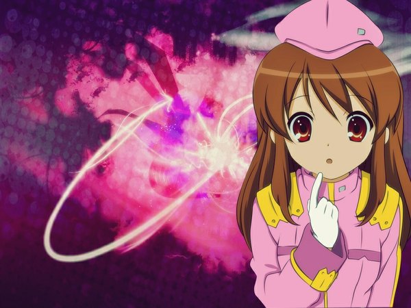 Anime picture 1024x768 with suzumiya haruhi no yuutsu kyoto animation asahina mikuru single long hair fringe open mouth brown hair brown eyes upper body finger to mouth portrait purple background surprised girl gloves hat white gloves suit