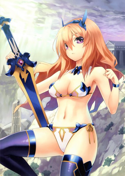 Anime picture 4100x5789 with genkai tokki monster monpiece titan (genkai tokki monster monpiece) hirano katsuyuki single long hair tall image looking at viewer fringe highres breasts light erotic hair between eyes purple eyes holding absurdres sky cleavage bent knee (knees) orange hair underboob