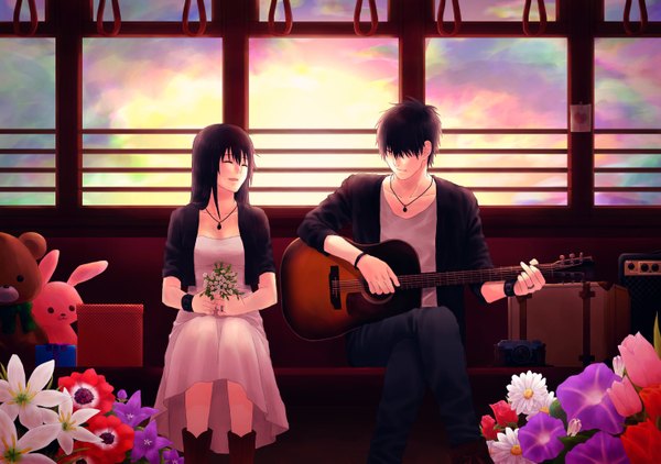Anime picture 1476x1039 with original shoyu gyunyu (artist) long hair fringe short hair open mouth black hair smile sitting eyes closed hair over one eye open clothes open jacket crossed legs evening sunset girl dress boy flower (flowers)