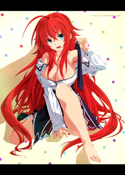 Anime picture 2000x2787 with highschool dxd rias gremory ironizer single long hair tall image highres breasts open mouth blue eyes light erotic smile large breasts bare shoulders ahoge red hair pleated skirt legs coloring letterboxed