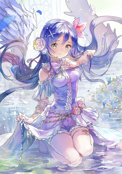 Anime picture 868x1233 with love live! school idol project sunrise (studio) love live! sonoda umi 77gl single long hair tall image looking at viewer blush sitting bare shoulders green eyes yellow eyes blue hair hair flower bare legs kneeling white wings girl