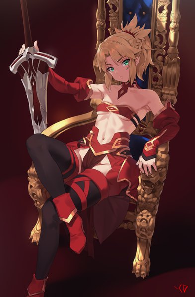 Anime picture 2105x3210 with fate (series) fate/grand order fate/apocrypha mordred (fate) yd (orange maru) single long hair tall image looking at viewer fringe highres breasts light erotic simple background blonde hair hair between eyes sitting bare shoulders holding signed