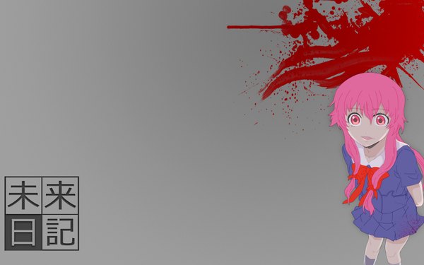 Anime picture 1680x1050 with mirai nikki gasai yuno single smile wide image pink hair pink eyes grey background crazy smile crazy crazy eyes girl uniform bow school uniform blood