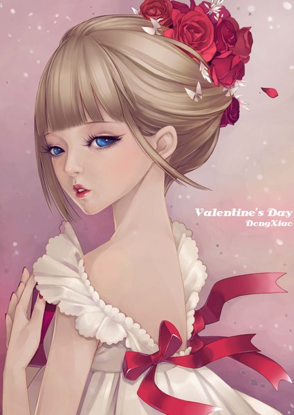 Anime picture 2484x3508 with original dong xiao single tall image highres short hair blue eyes blonde hair signed nail polish looking back hair flower lips valentine girl hair ornament petals