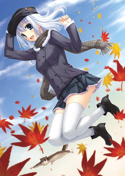 Anime picture 1075x1518 with original miyai max single long hair tall image blush open mouth blue eyes sky cloud (clouds) white hair zettai ryouiki girl thighhighs skirt hat animal white thighhighs shoes jacket