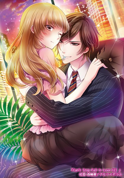 Anime-Bild 600x857 mit original rinko (mg54) long hair tall image blush short hair blonde hair brown hair holding brown eyes sky cloud (clouds) one eye closed couple hug mouth hold girl dress boy plant (plants)