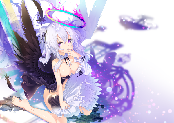 Anime picture 1414x1000 with original nyori single long hair looking at viewer fringe breasts open mouth light erotic hair between eyes large breasts white background purple eyes cleavage silver hair full body barefoot two side up tears kneeling