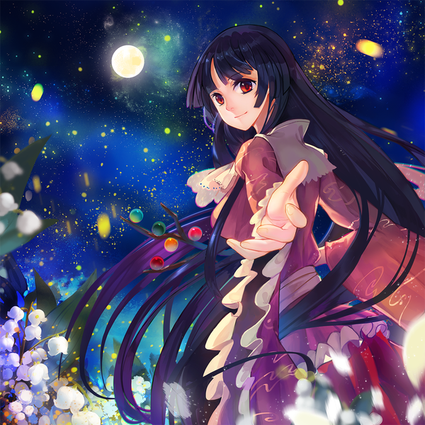 Anime picture 1343x1343 with touhou houraisan kaguya tsubasa19900920 single long hair looking at viewer black hair smile red eyes night girl dress flower (flowers) moon branch