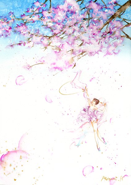 Anime picture 706x1000 with original muttiy single tall image brown hair bare shoulders outstretched arm traditional media watercolor (medium) girl dress flower (flowers) petals branch purple dress belly dance